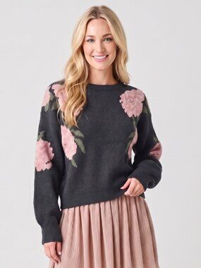 Women's Black Floral Knit Sweater Off Shoulder Boat Neck Pullover Top